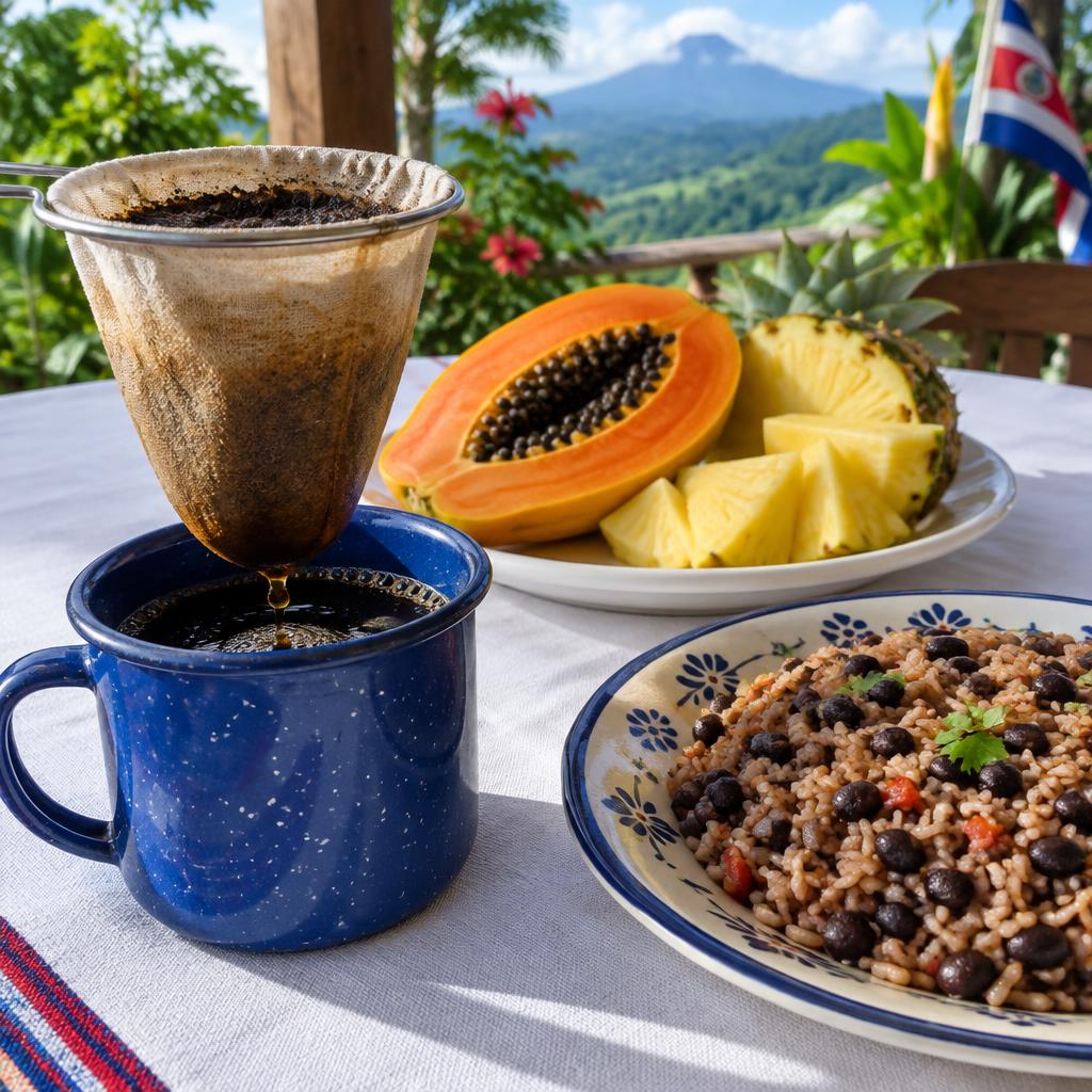 Café chorreado en taza de peltre